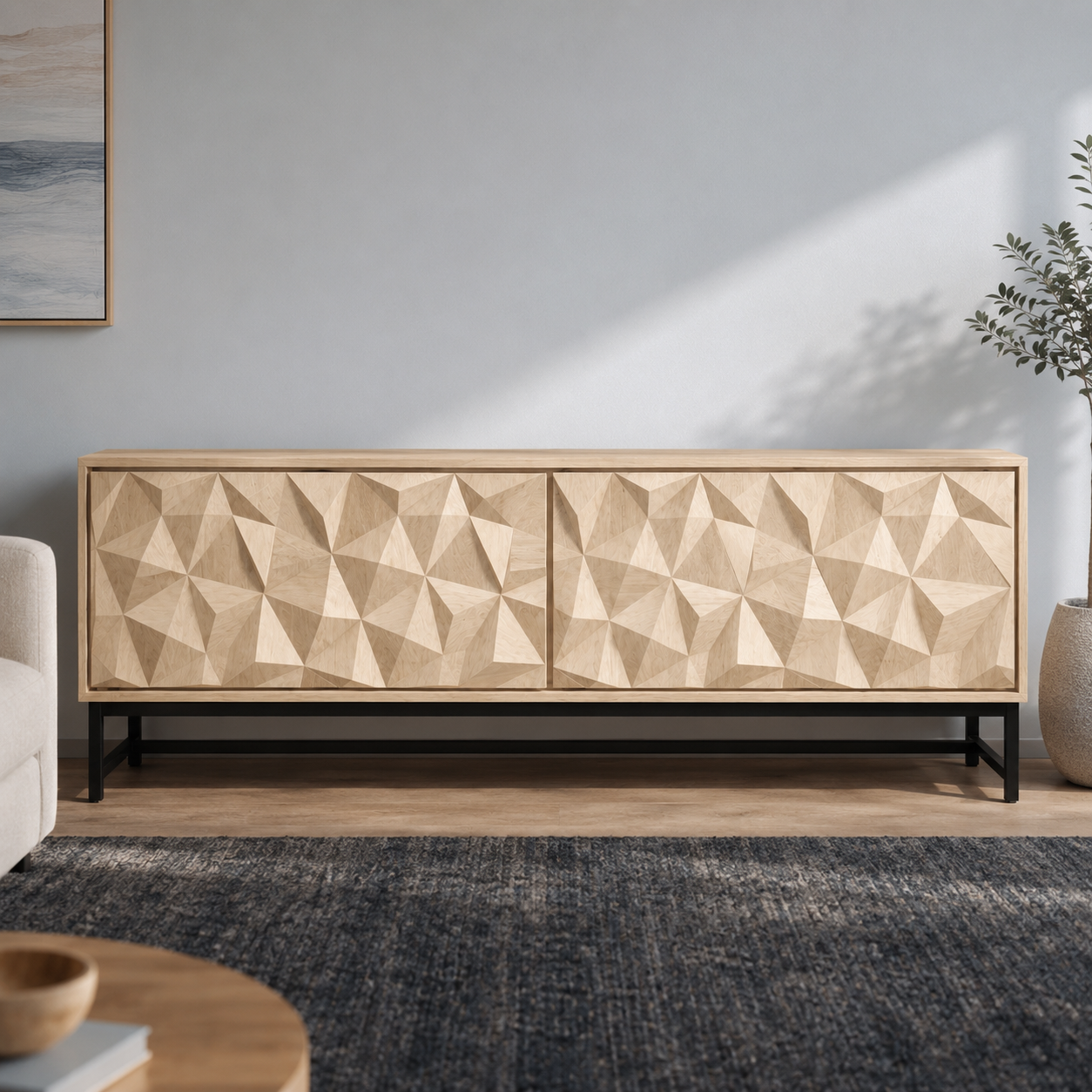 Faceron Geometric Front Solid Wood TV Stand For Living Room