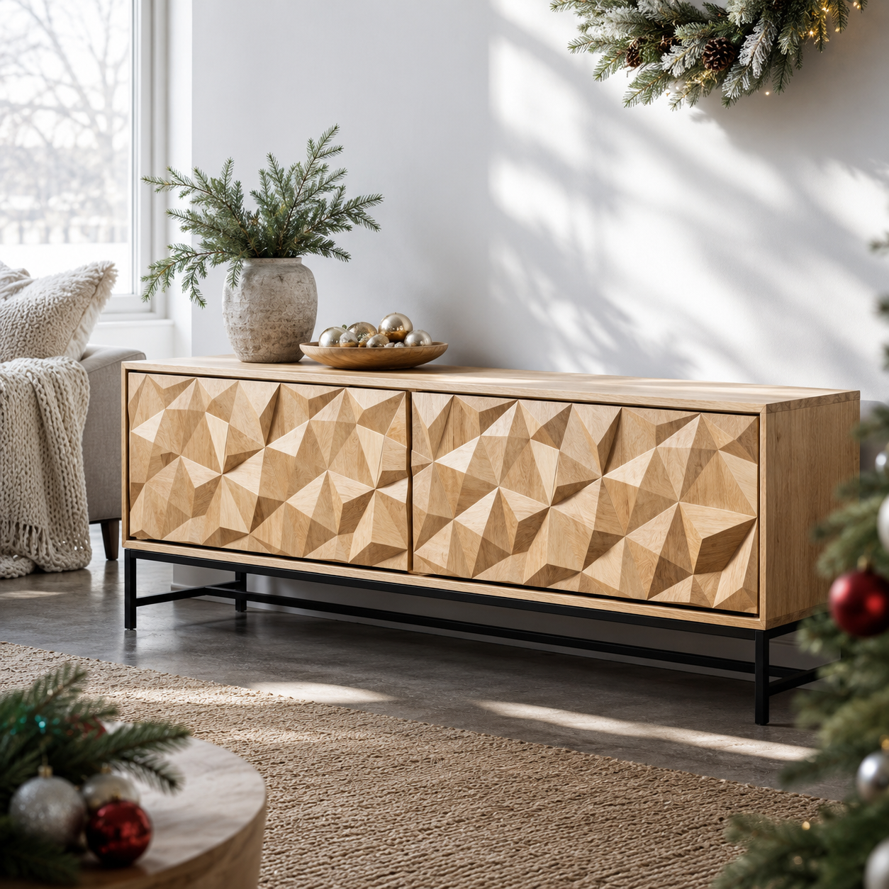 Faceron Geometric Front Solid Wood TV Stand For Living Room