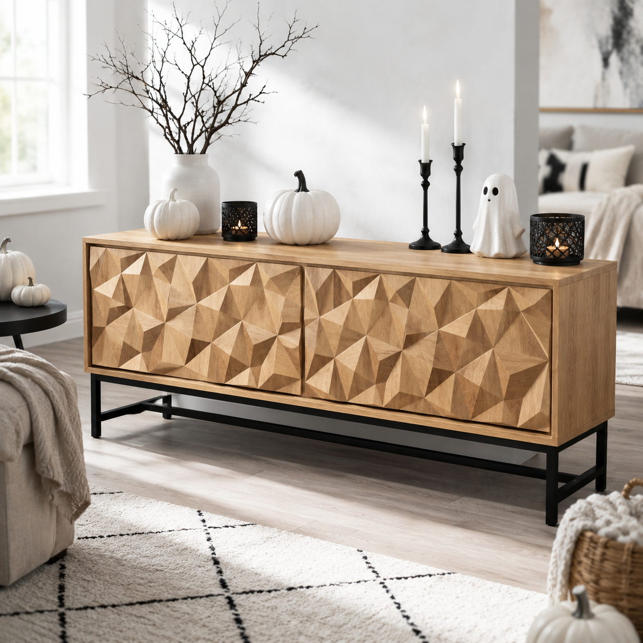 Faceron Geometric Front Solid Wood TV Stand For Living Room