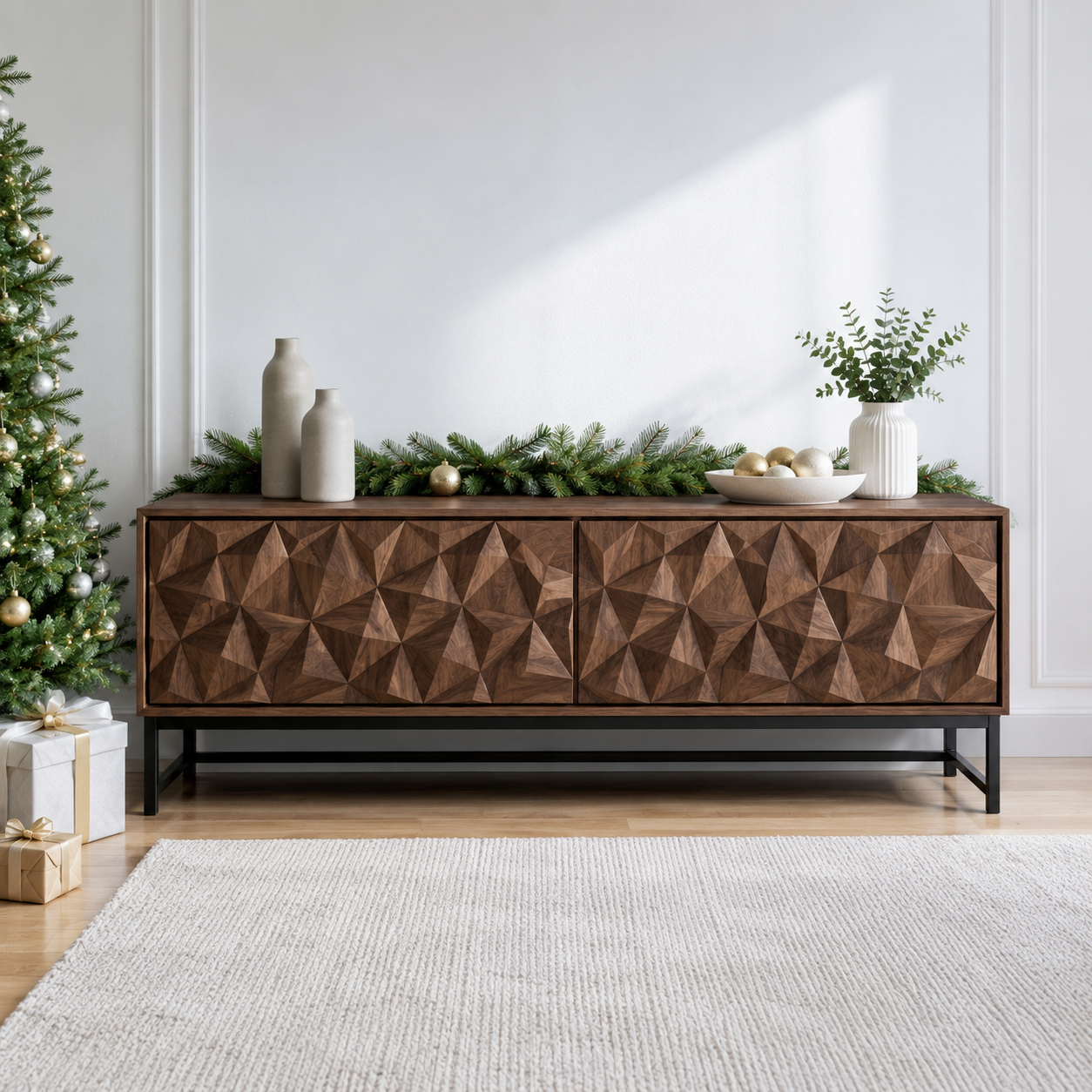 Faceron Geometric Front Solid Wood TV Stand For Living Room