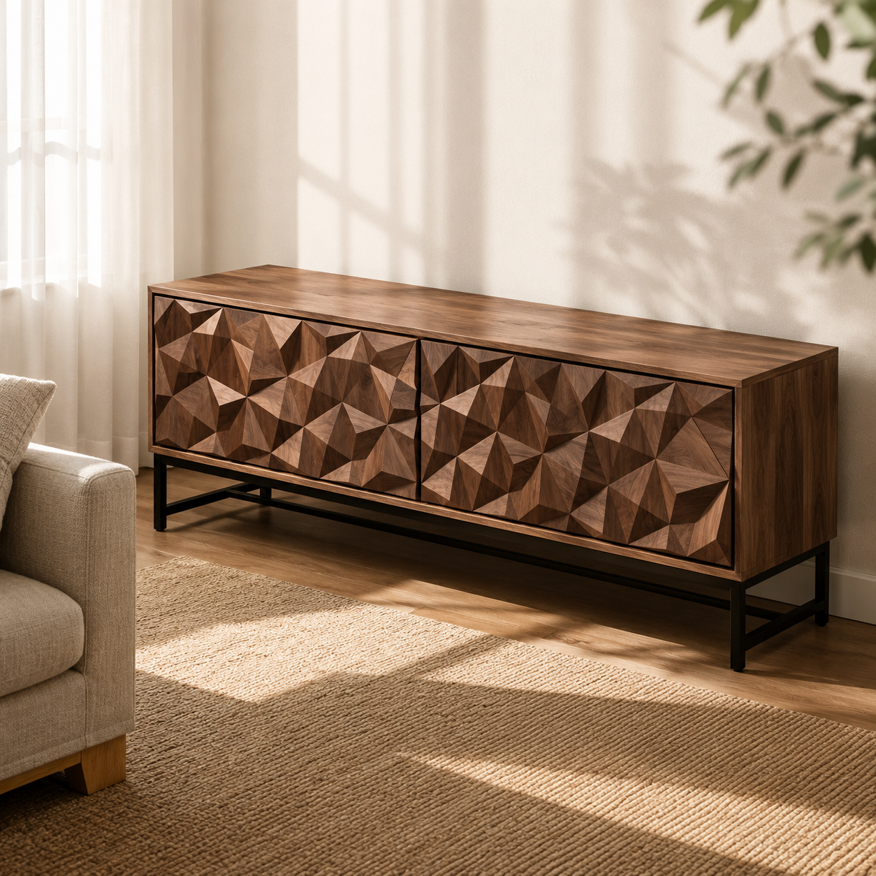 Faceron Geometric Front Solid Wood TV Stand For Living Room