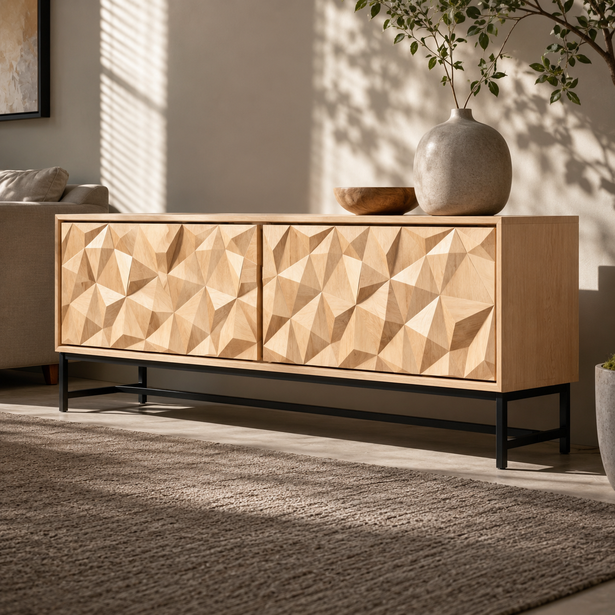 Faceron Geometric Front Solid Wood TV Stand For Living Room