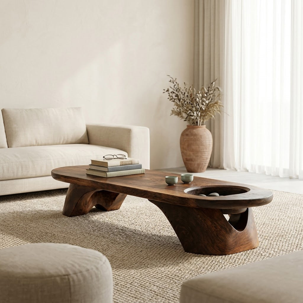 Tharon Sculptural Sunken-Basin Solid Wood Coffee Table