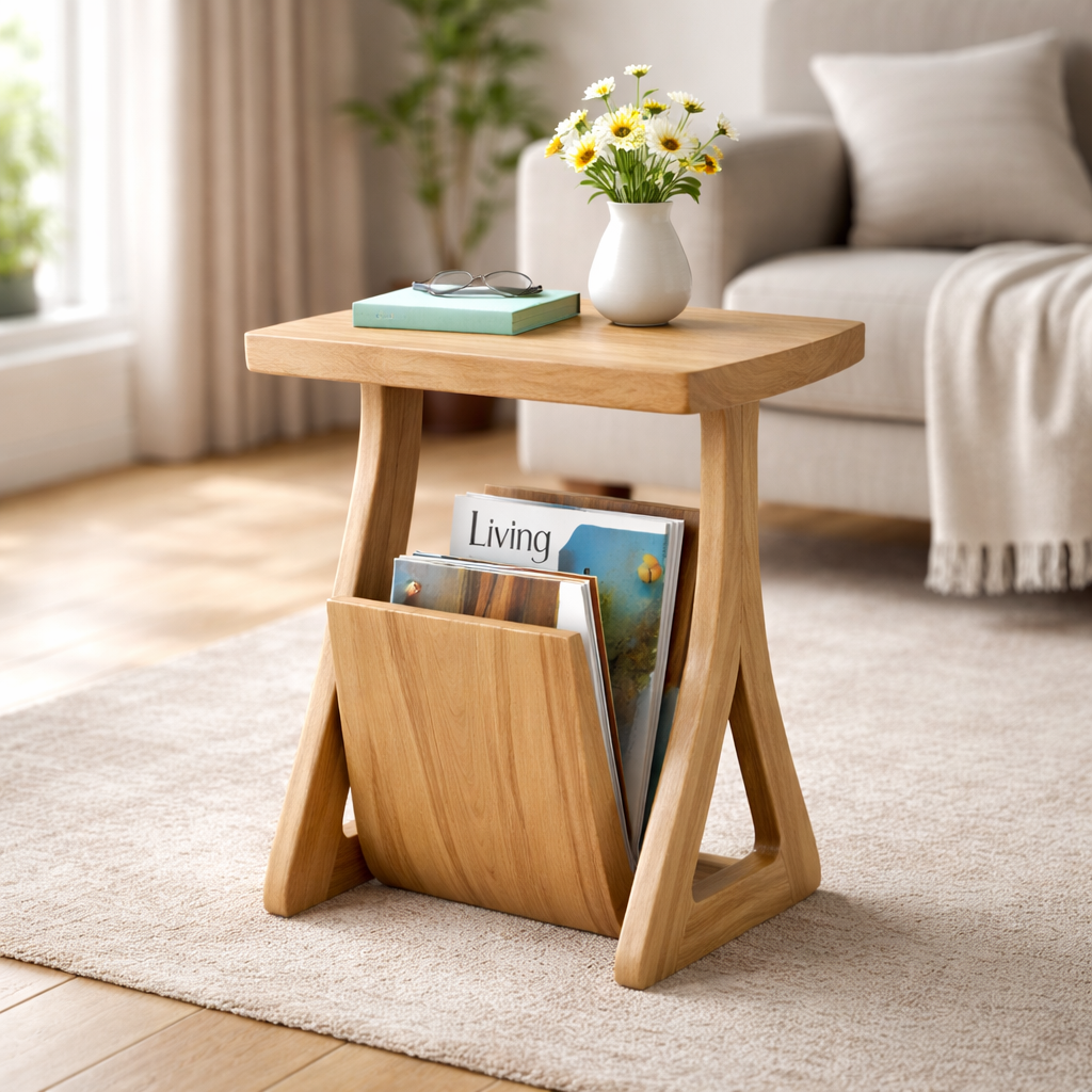 Wooden Side Table with Magazine Holder and Sleek Design