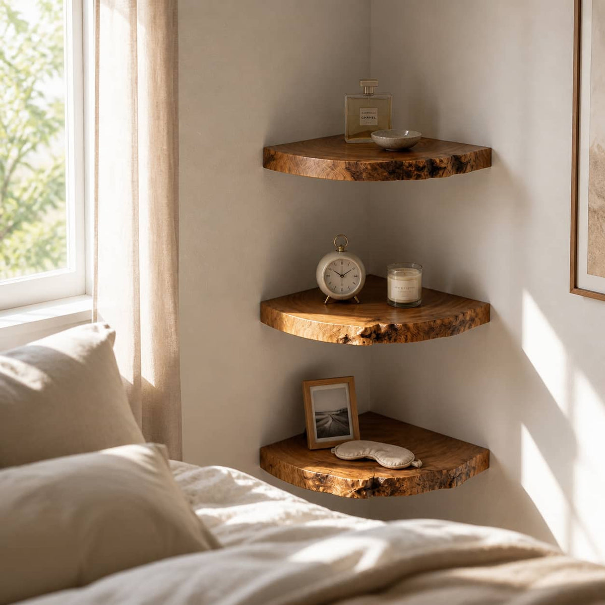 Zane Raw Edge Solid Wood Corner Floating Shelf For Furniture Decor And Living Room