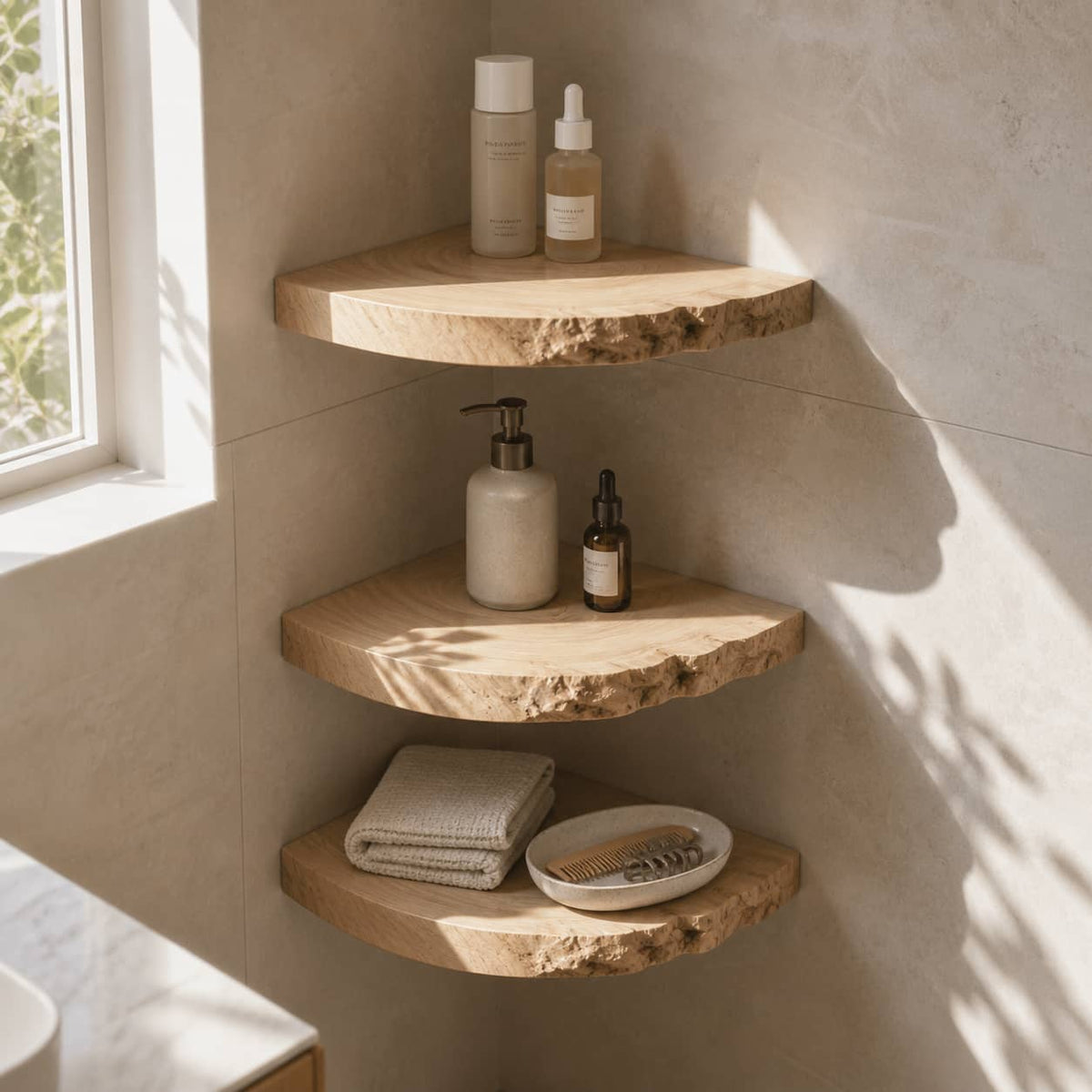 Zane Raw Edge Solid Wood Corner Floating Shelf For Furniture Decor And Living Room