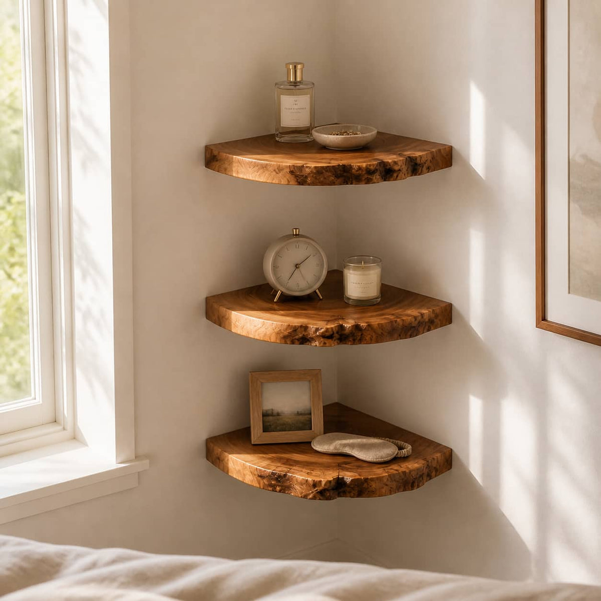 Zane Raw Edge Solid Wood Corner Floating Shelf For Furniture Decor And Living Room