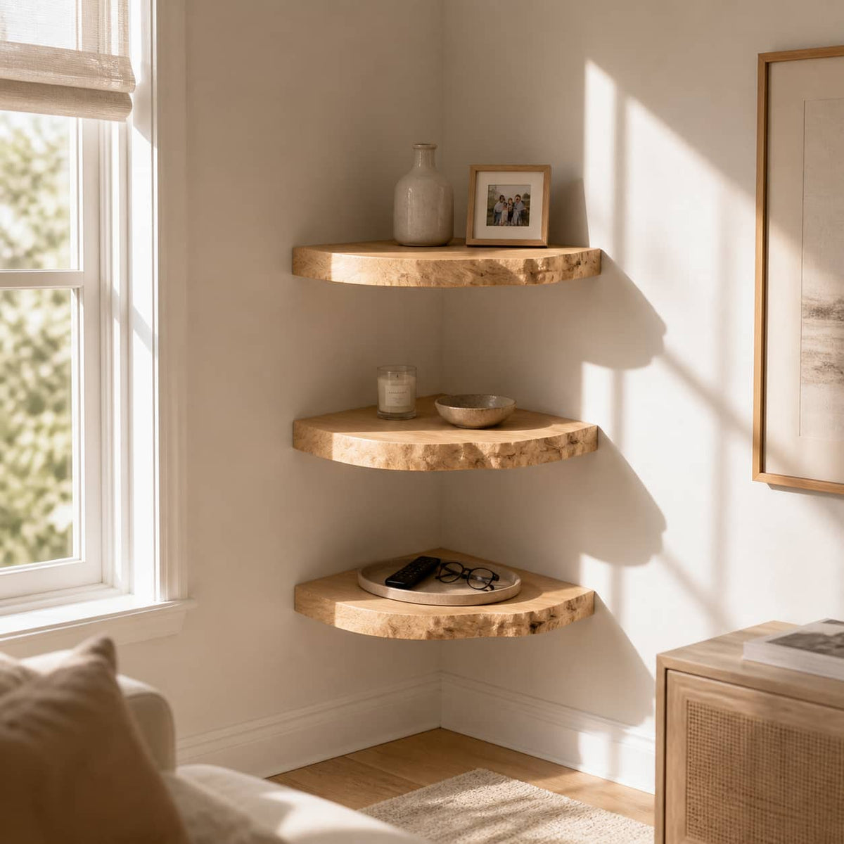 Zane Raw Edge Solid Wood Corner Floating Shelf For Furniture Decor And Living Room