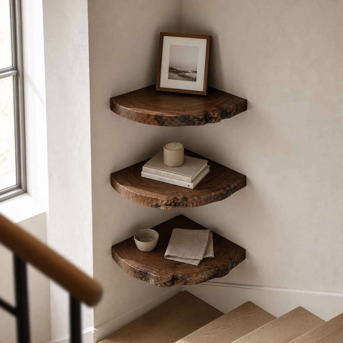 Zane Raw Edge Solid Wood Corner Floating Shelf For Furniture Decor And Living Room