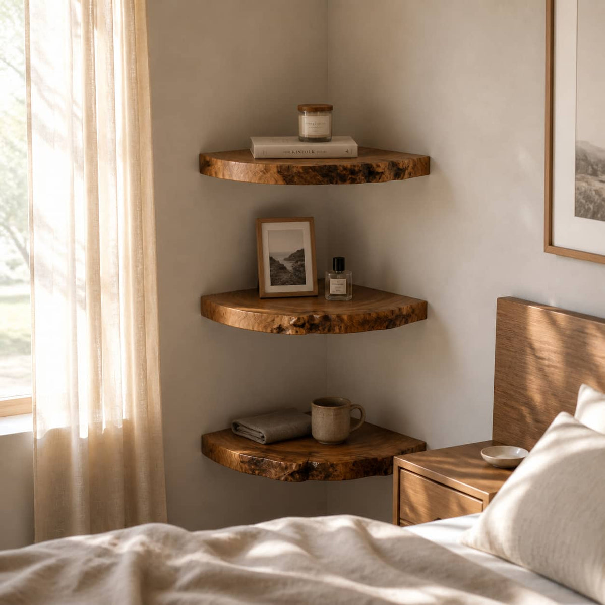 Zane Raw Edge Solid Wood Corner Floating Shelf For Furniture Decor And Living Room