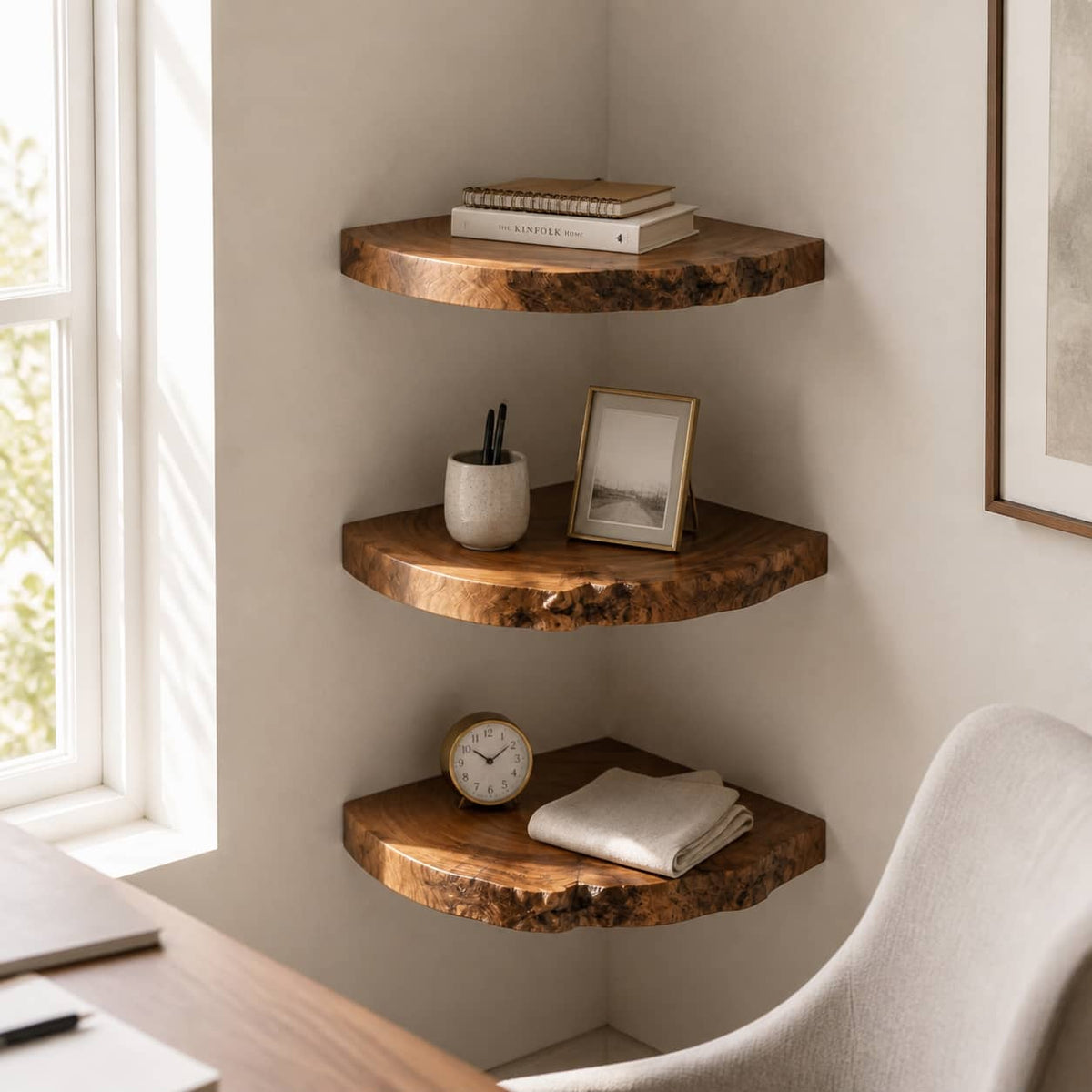 Zane Raw Edge Solid Wood Corner Floating Shelf For Furniture Decor And Living Room