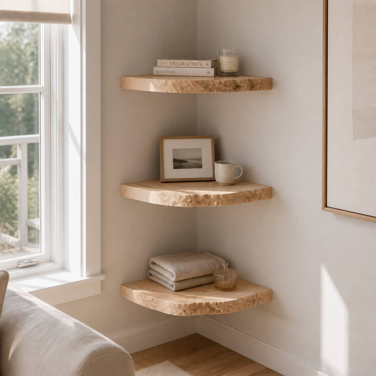 Zane Raw Edge Solid Wood Corner Floating Shelf For Furniture Decor And Living Room