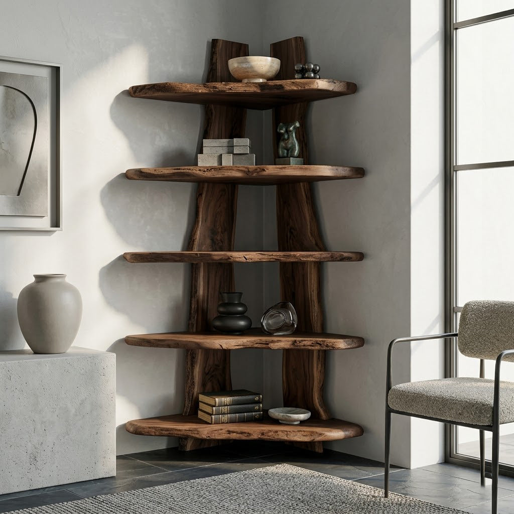 Sculptural Live-Edge Solid Wood Corner Bookcase