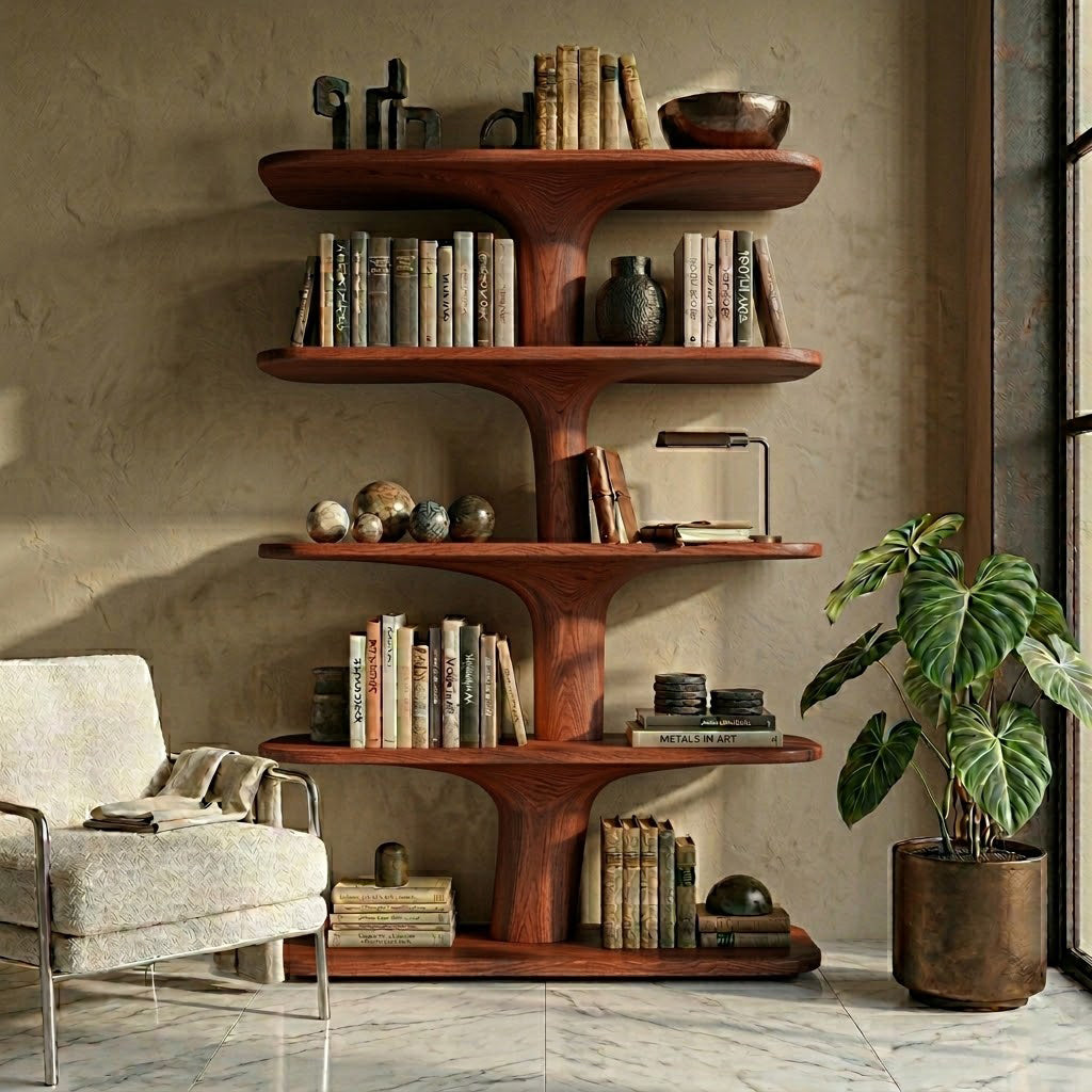 Sculptural Branching Solid Wood Open Shelving