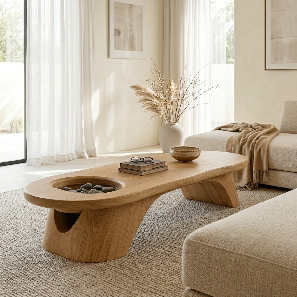 Tharon Sculptural Sunken-Basin Solid Wood Coffee Table