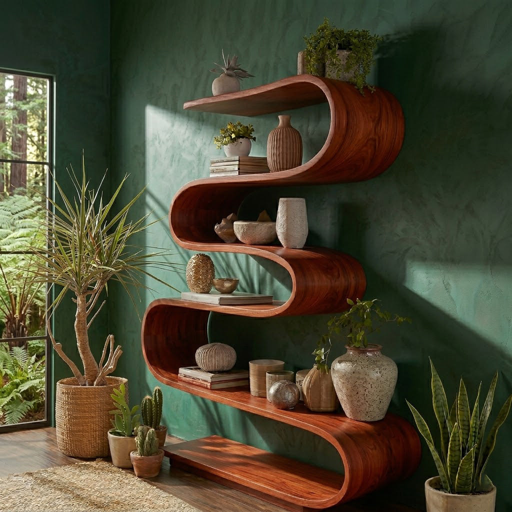 Sculptural Winding Solid Wood Open Display Shelf