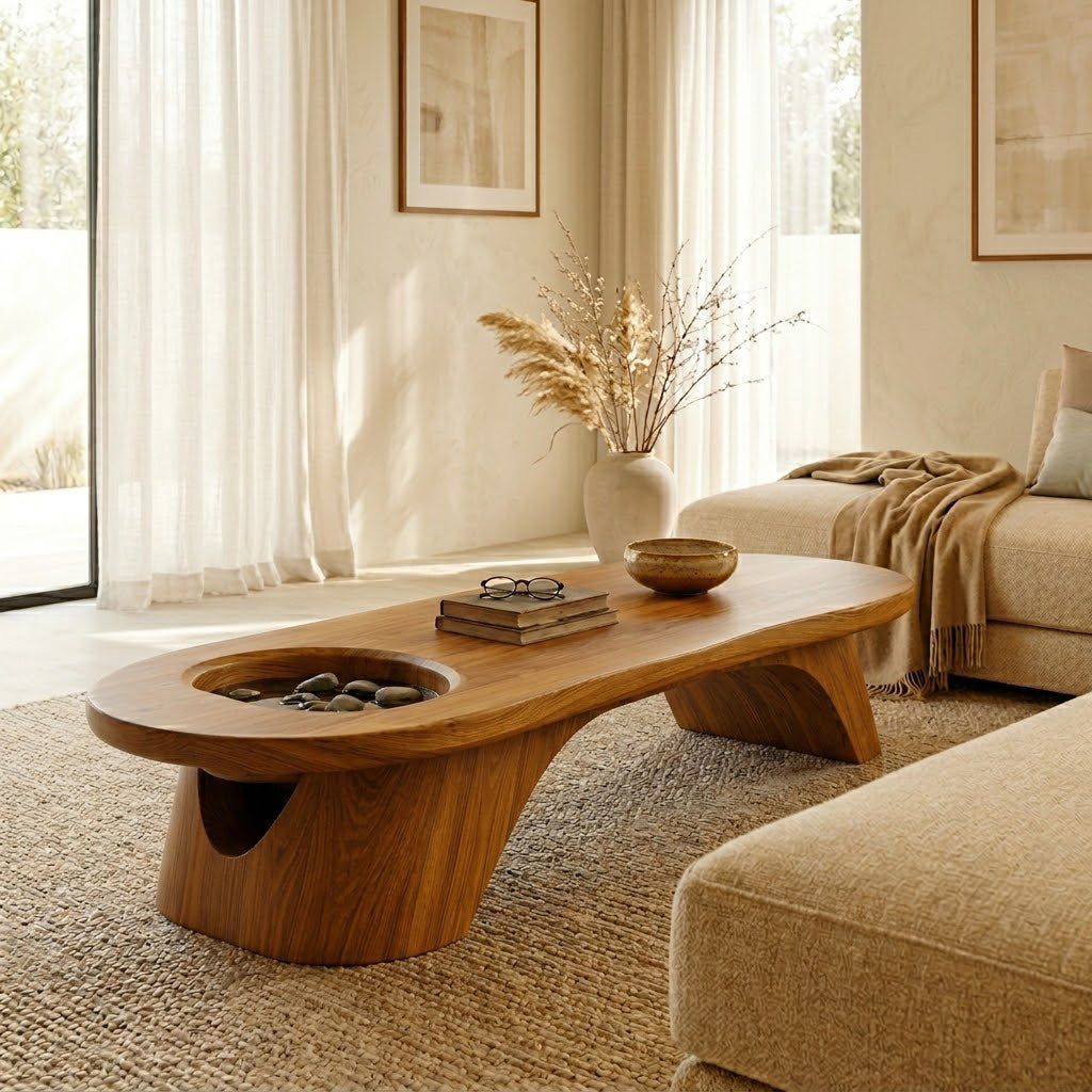 Tharon Sculptural Sunken-Basin Solid Wood Coffee Table