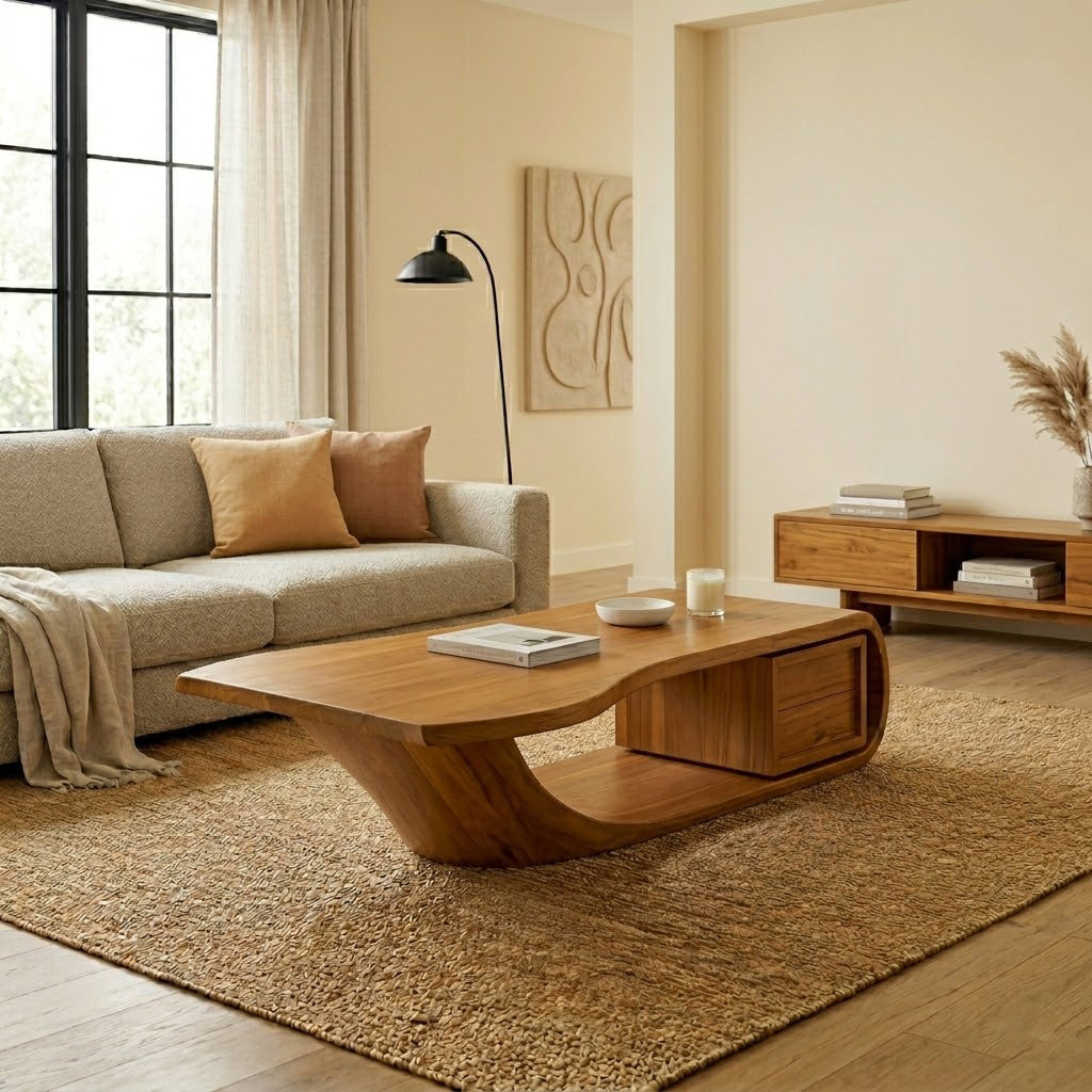 Sculptural Open-Loop Solid Wood Coffee Table