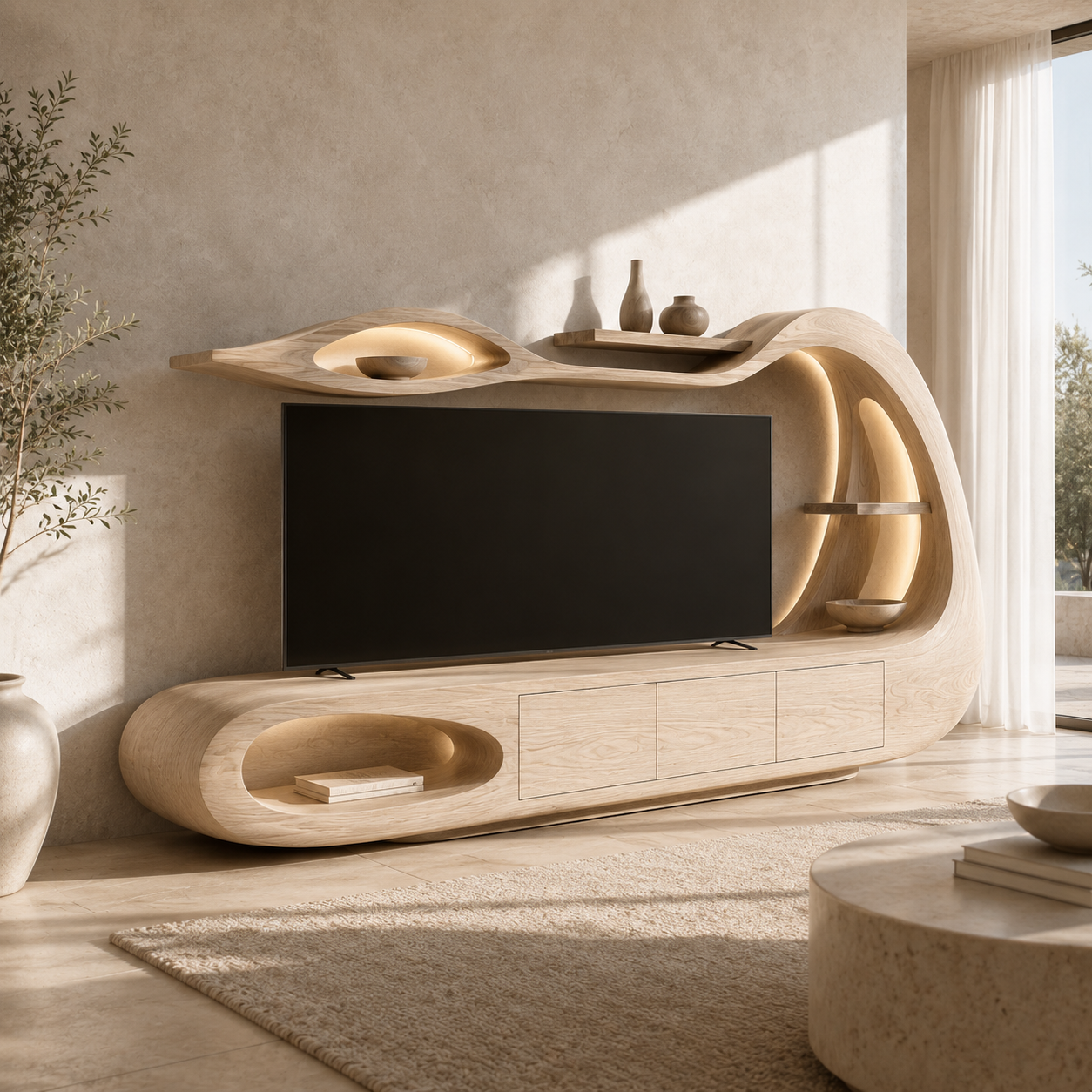 Threnn Sculptural Shelf Solid Wood TV Console For Living Room