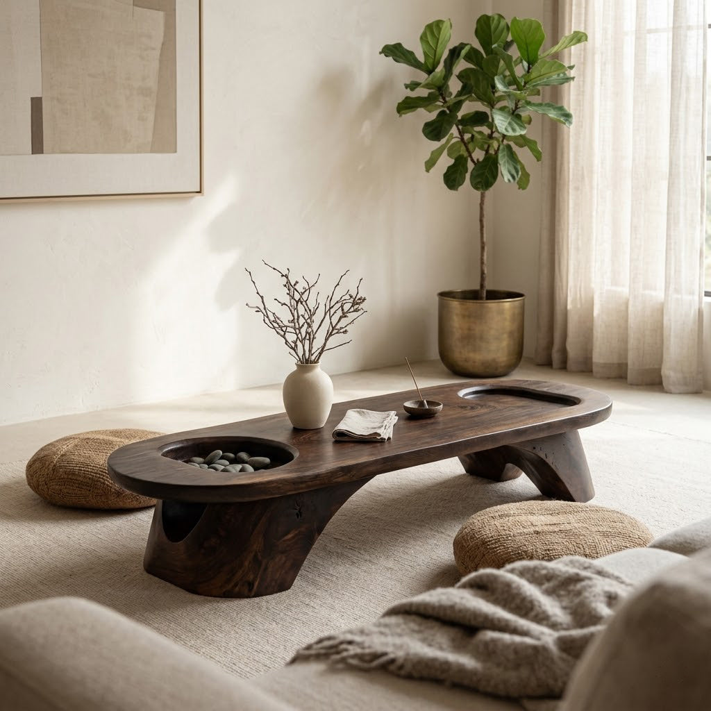 Tharon Sculptural Sunken-Basin Solid Wood Coffee Table