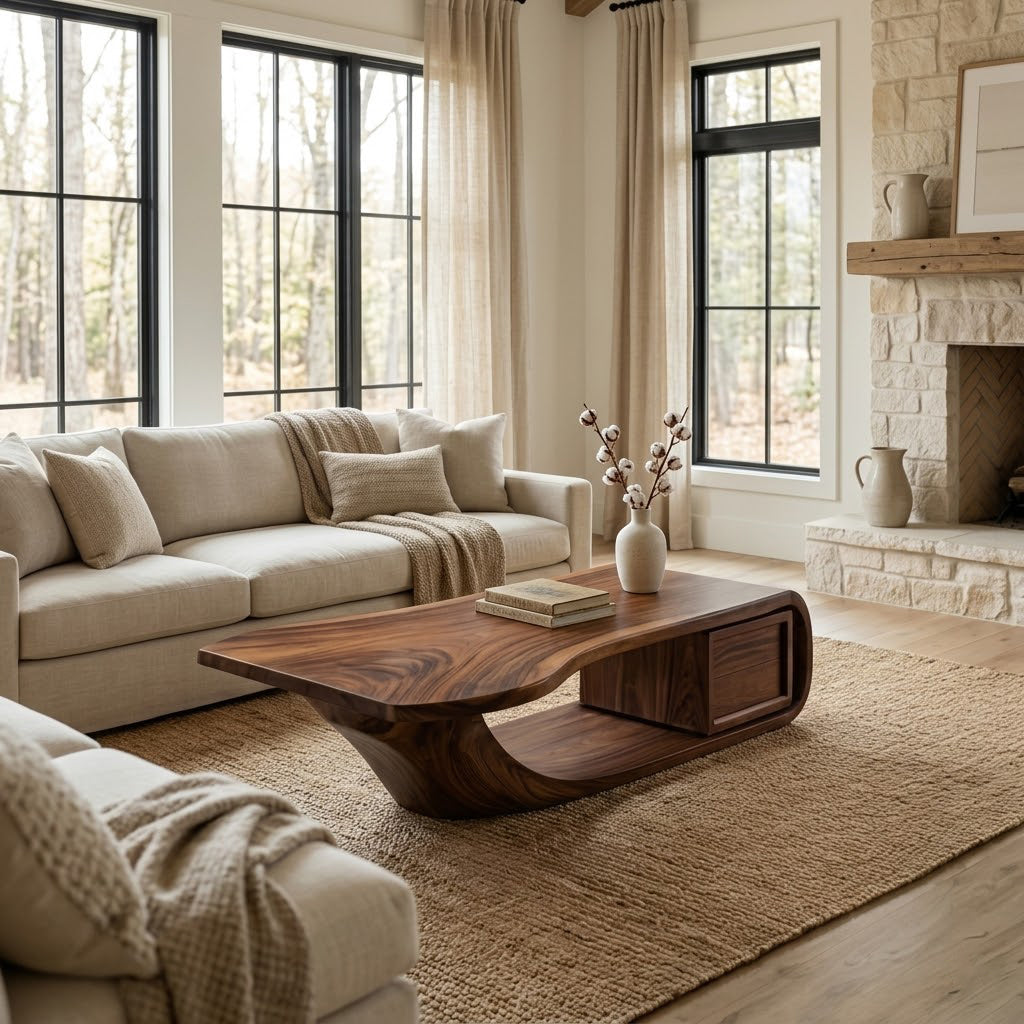 Sculptural Open-Loop Solid Wood Coffee Table