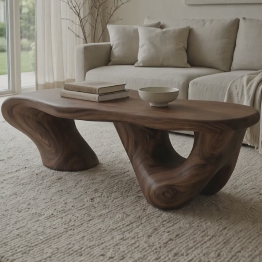 Load video: Kelvington Organic Fluid Base Solid Wood Coffee Table