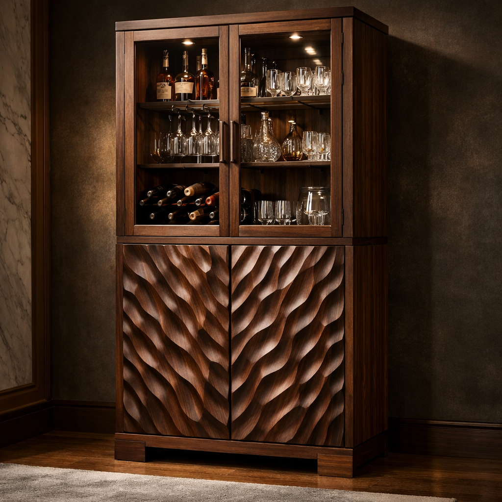 Handcrafted Solid Wood Bar Cabinet With Glass Display And Carved Doors