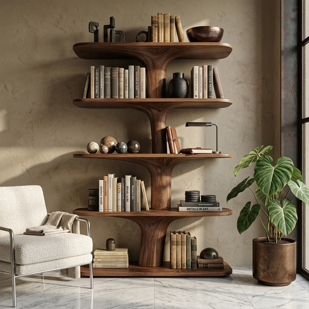 Sculptural Branching Solid Wood Open Shelving