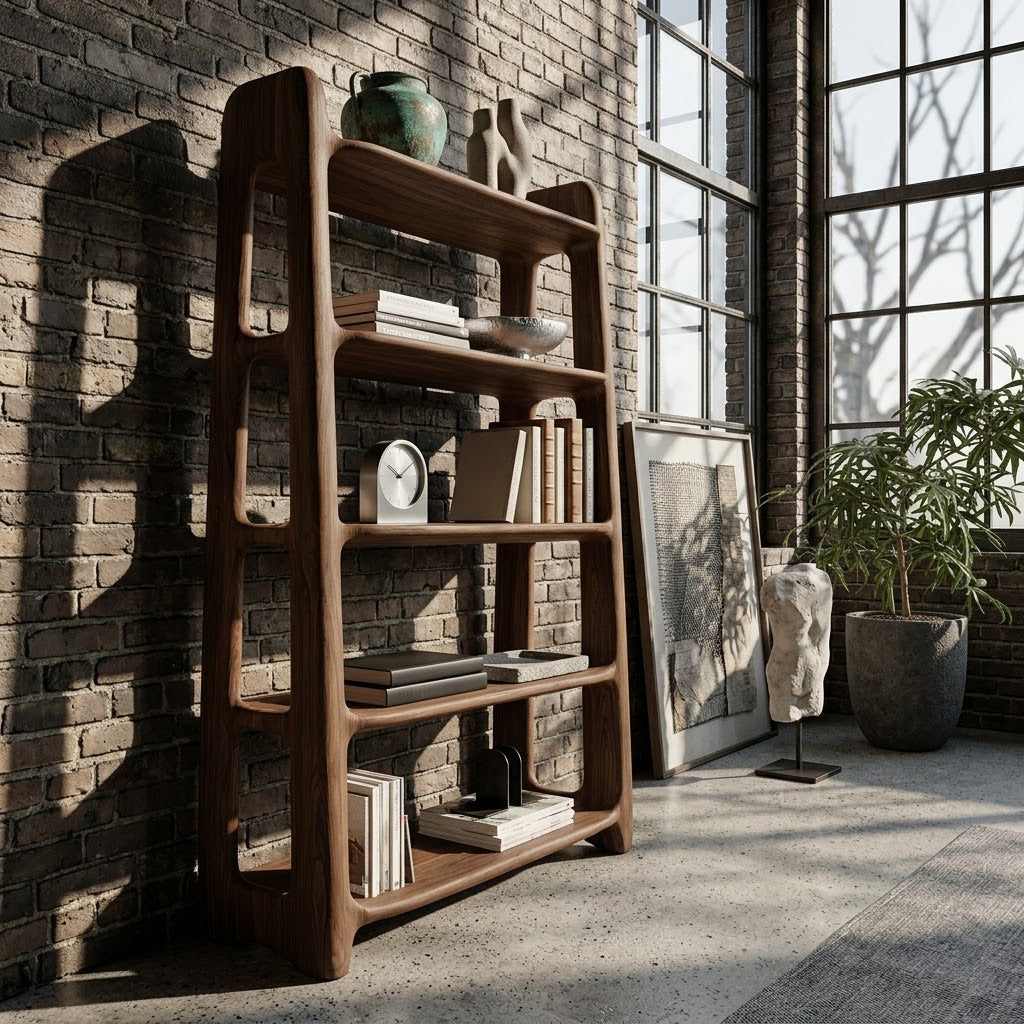 Sculptural Open Frame Solid Wood Bookcase
