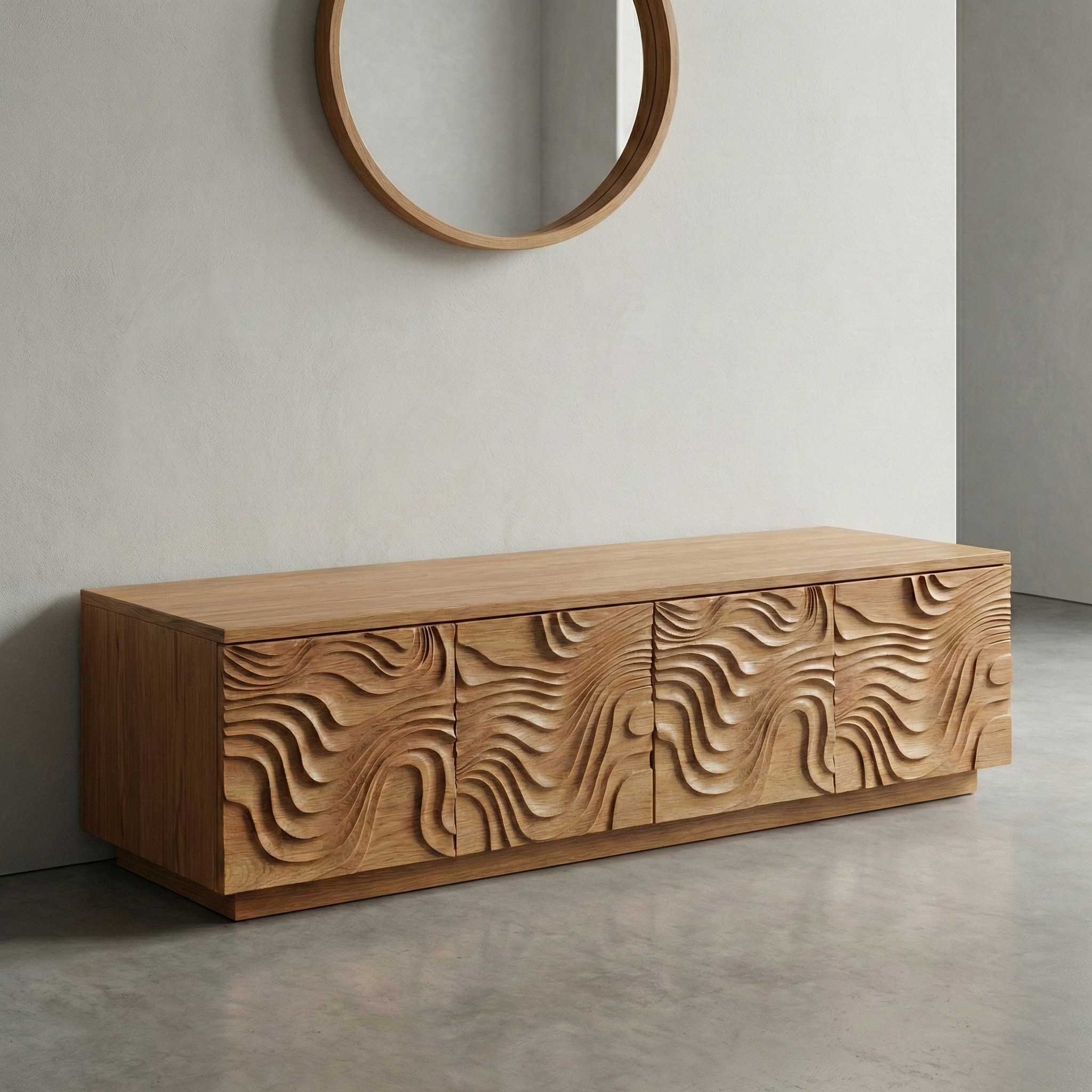 Handcrafted Solid Wood Shoe Bench Cabinet With Sculpted Wave Doors